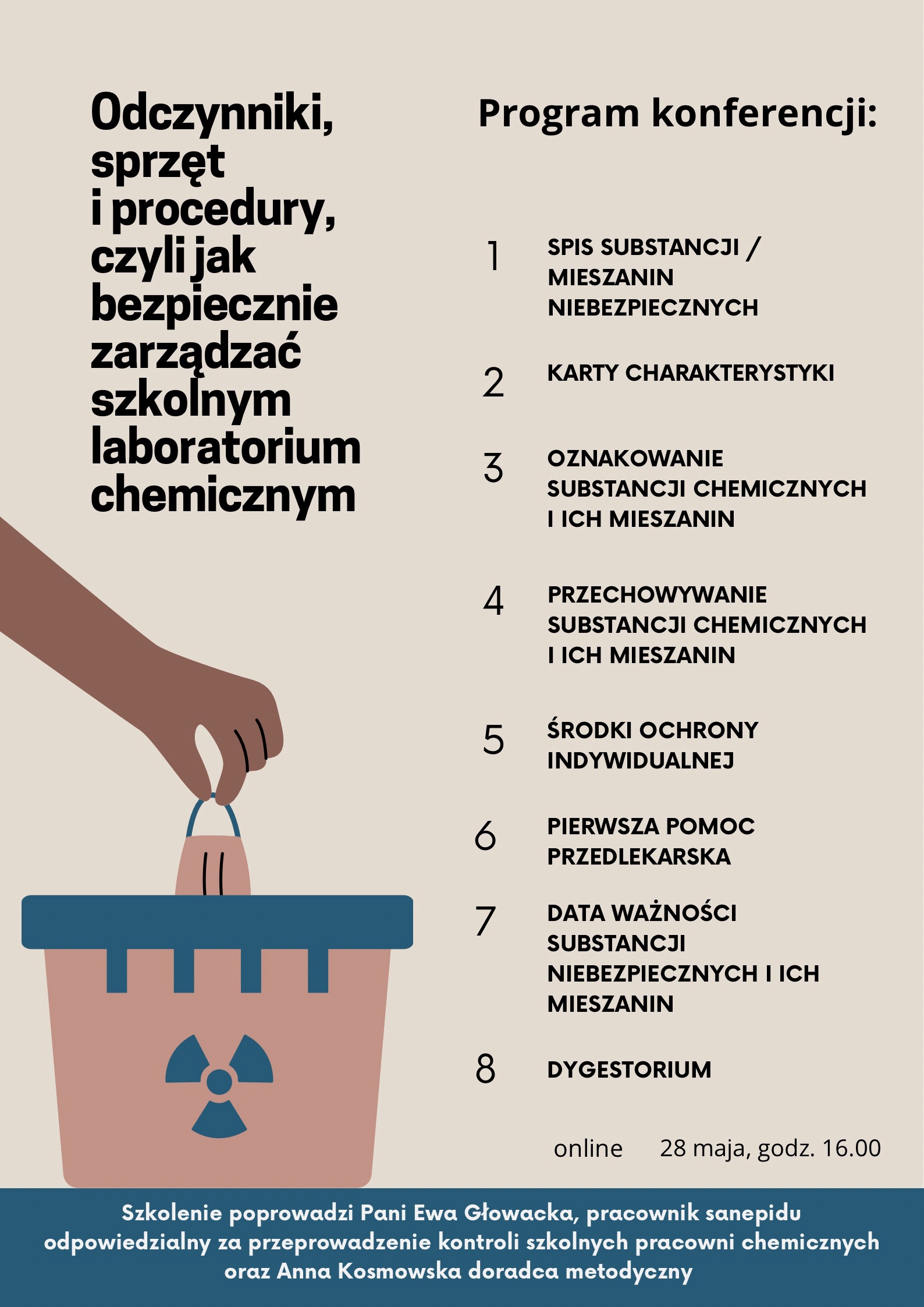 Zaproszenie na szkolenie - Odczynniki, sprzęt i procedury, czyli jak bezpiecznie zarządzać szkolnym laboratorium chemicznym – przygotowanie do kontroli Sanepidu
